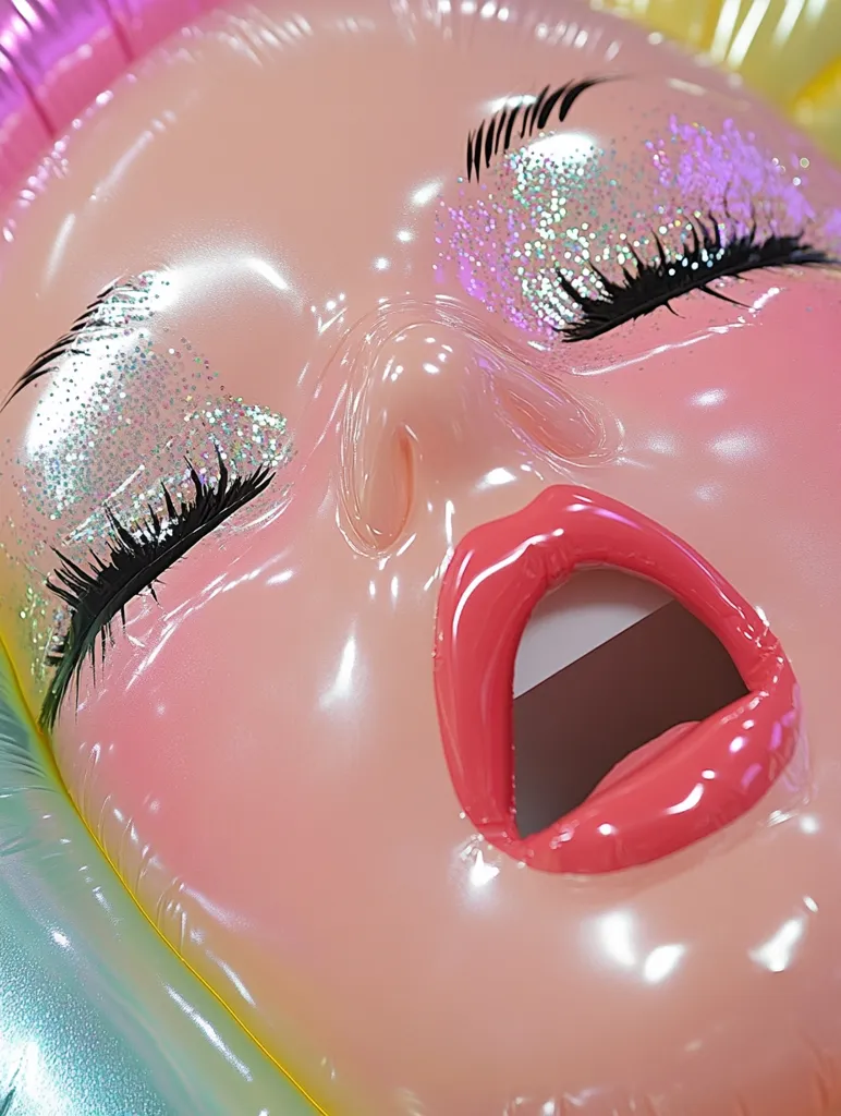 Close-up view of a glossy, inflatable doll's face.  The doll has exaggerated features: large eyes with iridescent glitter eyeshadow, full lips painted a bright coral, and a wide open mouth. The skin is a smooth, light pink with a slightly translucent quality, highlighting the inflatable nature of the object.  The background suggests a pastel rainbow effect. The overall aesthetic is playful and slightly surreal.