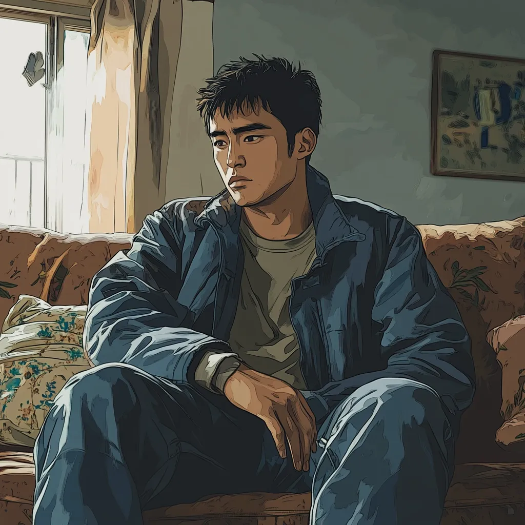 Here's a description of the image:

The illustration depicts a young man with short, dark hair, seated on a worn, floral-patterned couch.  He's wearing a denim jacket over a muted olive-green shirt and matching denim pants. His expression is pensive, his gaze directed away from the viewer toward a sunlit window. The room is dimly lit, with the window providing the primary light source. A framed picture hangs on the wall behind him. The overall style is reminiscent of graphic novel art or a stylized anime illustration, with bold lines and shaded color palettes.