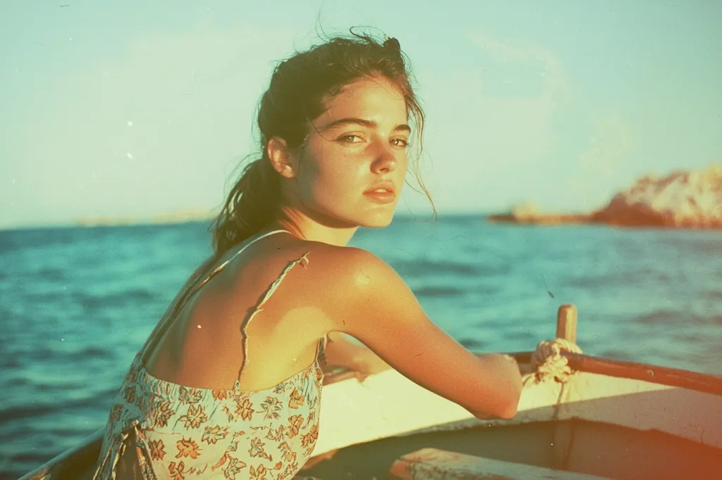 Here's a description of the image:

A young woman with sun-kissed skin sits in a small wooden boat on a tranquil turquoise sea. Her back is to the camera, but she turns her head, offering a captivating gaze. She wears a floral sundress, its straps slightly askew. The sun casts a warm, nostalgic glow on the scene, enhancing the image’s vintage feel.  A small island is visible in the background, softly blurred by the sun's light. The overall impression is one of serene beauty and summer adventure.
