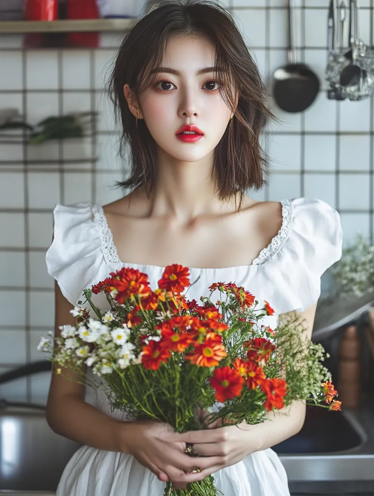A young woman with shoulder-length dark hair and red lipstick holds a bouquet of orange and white flowers.  She's wearing a simple white dress with ruffled sleeves.  The background is a blurred kitchen with white tiles, suggesting a clean, bright setting. Her expression is calm and direct, creating a serene and aesthetically pleasing portrait. The image has a soft, slightly vintage feel.