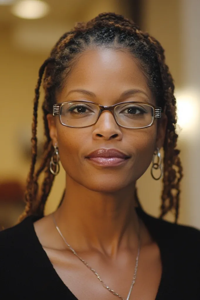 Here's a description of the image:

Close-up portrait of a Black woman with shoulder-length brown braids. She wears brown-framed glasses and a delicate silver necklace.  Her expression is serious and direct, gazing intently at the camera.  She's wearing a simple black v-neck top and small silver hoop earrings. The background is blurred, suggesting an indoor setting. The lighting is soft and warm, illuminating her face and hair.  The overall mood is one of calm confidence.