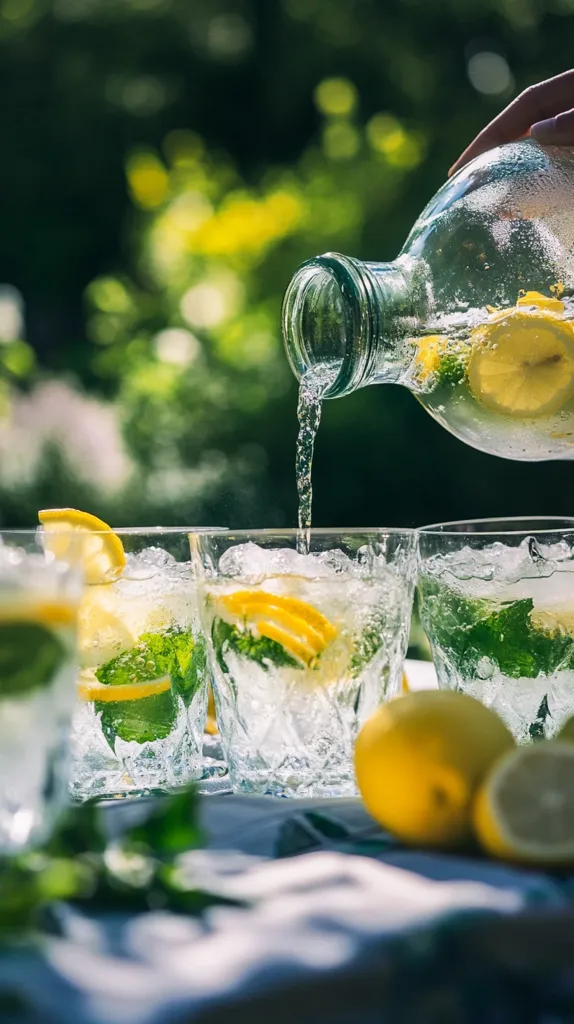 A hand pours a refreshing lemonade beverage from a glass pitcher into several ice-filled glasses.  Slices of lemon and sprigs of mint are visible in the drinks, suggesting a summery, outdoor setting. The background is blurred, showing a green garden.  Sunlight glints off the glasses and pitcher, enhancing the image's vibrant feel.  Whole lemons sit on the table beside the drinks, completing the scene.
