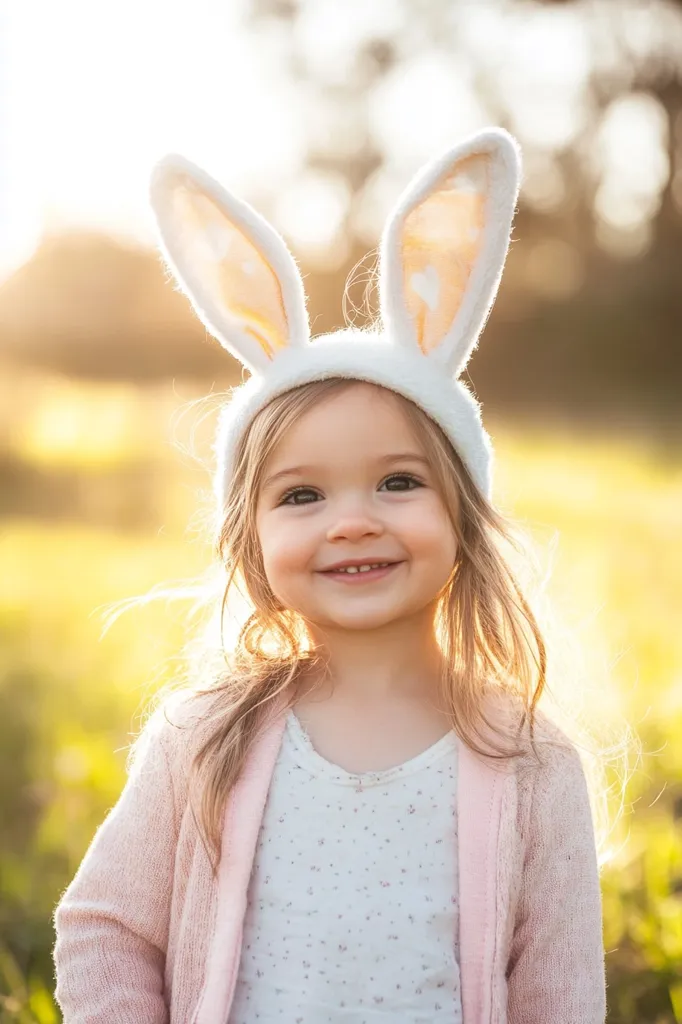Here's a description of the image:

A toddler girl with long, light brown hair smiles warmly at the camera. She's wearing a light pink cardigan over a white, speckled top, and a white bunny ear headband.  The setting is outdoors, bathed in golden sunlight that creates a soft, dreamy effect on the background of blurred greenery. The overall mood is cheerful and sweet, capturing a tender moment of childhood innocence.