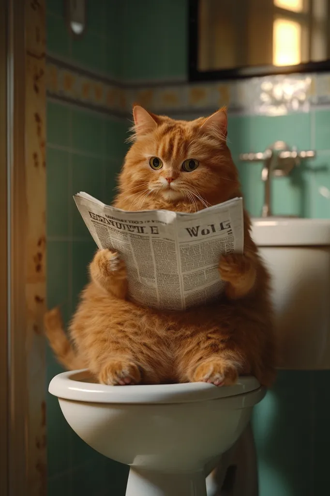 A fluffy ginger cat sits on a toilet, attentively reading a newspaper.  The cat is plump and appears comfortable, its paws neatly holding the paper in front of its chest. The bathroom setting is retro-styled with teal-green tiles.  The scene is humorous, suggesting a cat with sophisticated habits or perhaps a witty commentary on daily life.  The lighting is soft and warm, enhancing the overall charming ambiance of the image.
