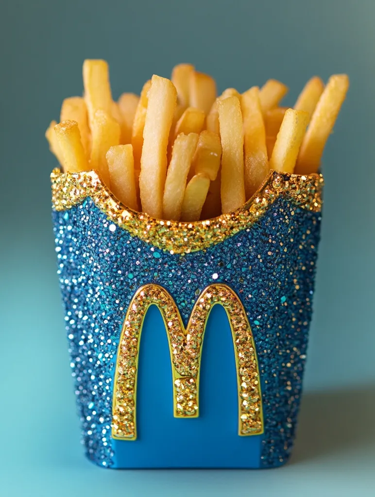 Here's a description of the image:

A vibrant blue, glitter-covered McDonald's-style french fry container is the focal point.  The container is embellished with a gold, sparkly McDonald's "M" logo.  It's filled to the brim with golden-brown, crispy-looking french fries. The background is a soft, muted teal, providing a stark contrast to the bright and sparkling container. The overall impression is one of luxurious, almost ostentatious, presentation of a commonplace fast food item.