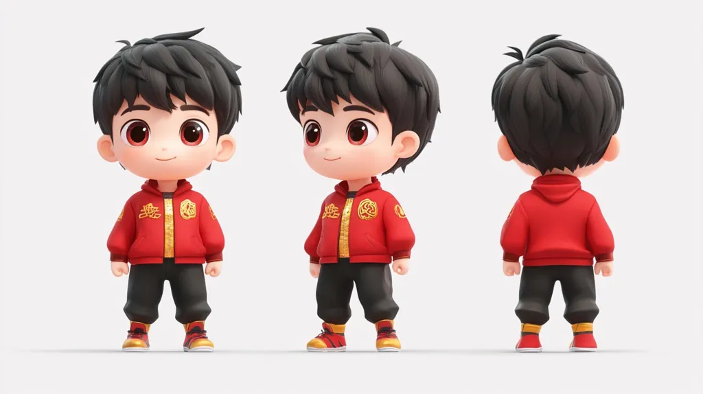 Here's a description of the image:

The image shows three different views of a 3D-rendered, cartoonish boy. He has large, expressive eyes, short black hair, and is dressed in a vibrant red jacket with gold Chinese characters and black pants.  The shoes are yellow and orange. The three views present a front, three-quarter, and back perspective, showcasing the character design comprehensively.  The style is cute and appealing, possibly for a children's animation or game.  The background is plain white, focusing attention on the character model.