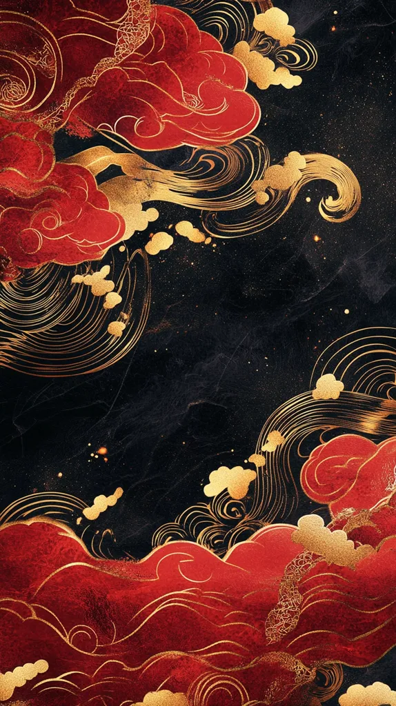 The image showcases a striking artistic rendering of stylized clouds and waves. Rich crimson clouds, textured with a hint of grunge, are interwoven with elegant golden lines, creating a dynamic interplay of color and form. The background is a dark, almost black, canvas speckled with gold, providing a dramatic contrast to the vibrant red and gold elements. The style evokes a sense of traditional Asian art, possibly influenced by Japanese or Chinese aesthetics. The overall effect is one of luxurious, intricate detail and dynamic movement.