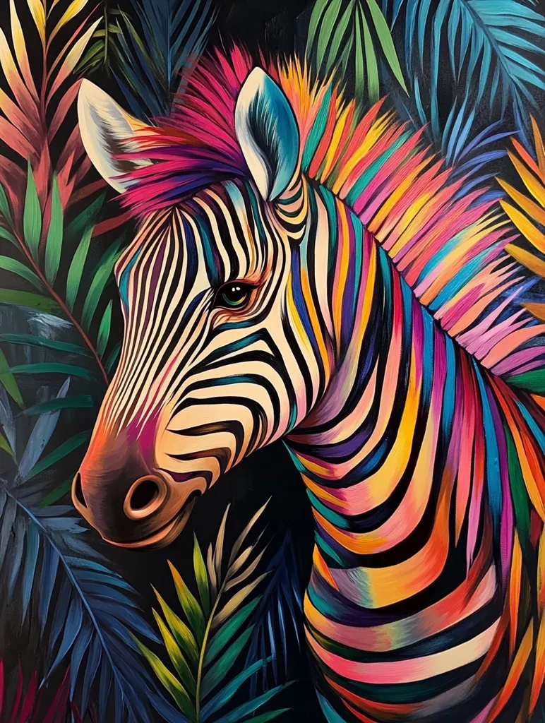 Here's a description of the image:

The painting showcases a vibrant, stylized zebra head and shoulders, set against a backdrop of lush, dark tropical foliage.  The zebra's stripes are rendered in a riot of rainbow colors—pinks, oranges, blues, greens—a stark contrast to the traditional black and white.  The mane is particularly flamboyant, bursting with color.  The artist's technique is bold and expressive, creating a striking image that blends realism with fantasy. The dark greens and blues of the leaves provide a rich contrast to the zebra's bright coat.