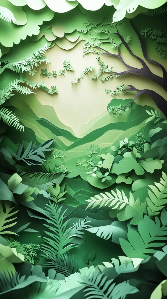 This image is a stunning piece of paper art depicting a lush, verdant landscape.  Intricate layers of intricately cut and shaded green paper create a three-dimensional effect, showcasing a variety of foliage, from ferns and leaves to the branches of a tree, all set against a rolling hills background.  The artist skillfully uses variations in the shade of green to create depth and a sense of distance, resulting in a beautiful and realistic representation of nature.