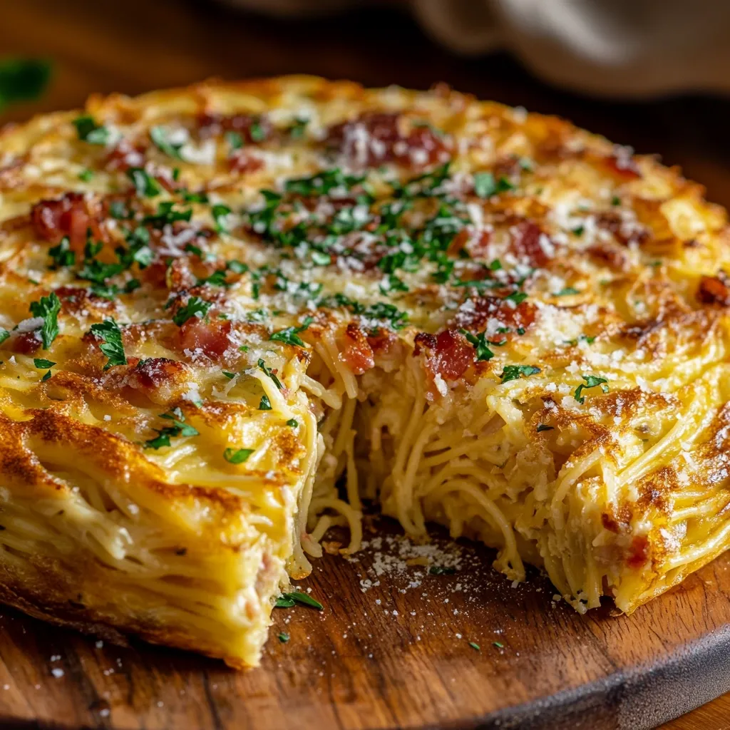 Here's a description of the image:

A close-up shot reveals a golden-brown spaghetti cake, generously sprinkled with grated parmesan cheese and fresh parsley.  Bits of bacon are visible throughout the cake's layers.  A slice has been removed, showcasing the pasta's interior and creamy texture.  The cake rests on a rustic wooden board, with a blurred background hinting at a warm, inviting kitchen setting. The overall impression is one of delicious comfort food.