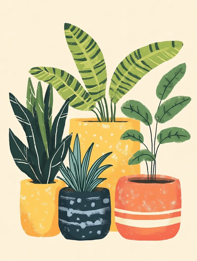 A charming illustration showcases four potted plants in varying heights and colors.  The tallest features broad, striped leaves in a mustard-yellow pot.  Next to it, a smaller plant with long, slender leaves sits in a similar-colored pot. A third plant with spiky, light-blue leaves resides in a dark-blue and white patterned pot.  A fourth plant, with delicate green leaves, occupies a coral-colored pot with a white band. The style is simplistic and colorful, with a textured effect creating a hand-painted feel. The background is a pale, creamy beige.