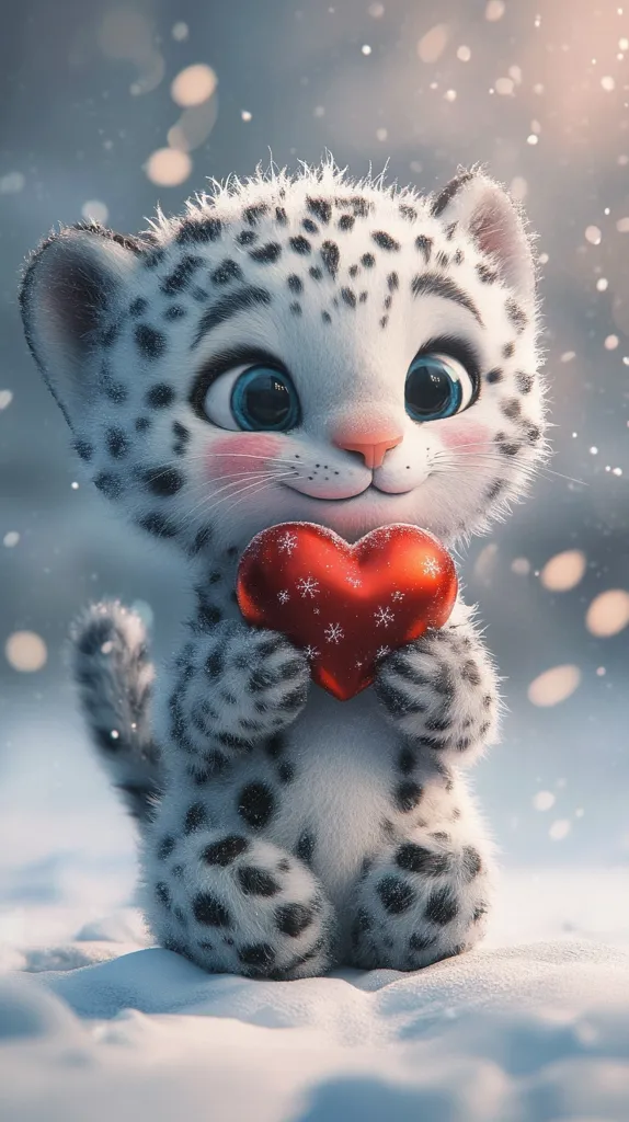 Here's a description of the image:

The image depicts an adorable, cartoonish snow leopard cub sitting in the snow. Its fur is predominantly white with distinctive black spots.  Large, expressive blue eyes and rosy cheeks add to its endearing charm.  The cub gently holds a red heart-shaped ornament, adorned with snowflake designs, adding a touch of Valentine's Day or winter festivity. The background is softly blurred, showing a light snowfall and a serene winter setting. The overall style is digitally created, with a focus on creating a cute and heartwarming scene.