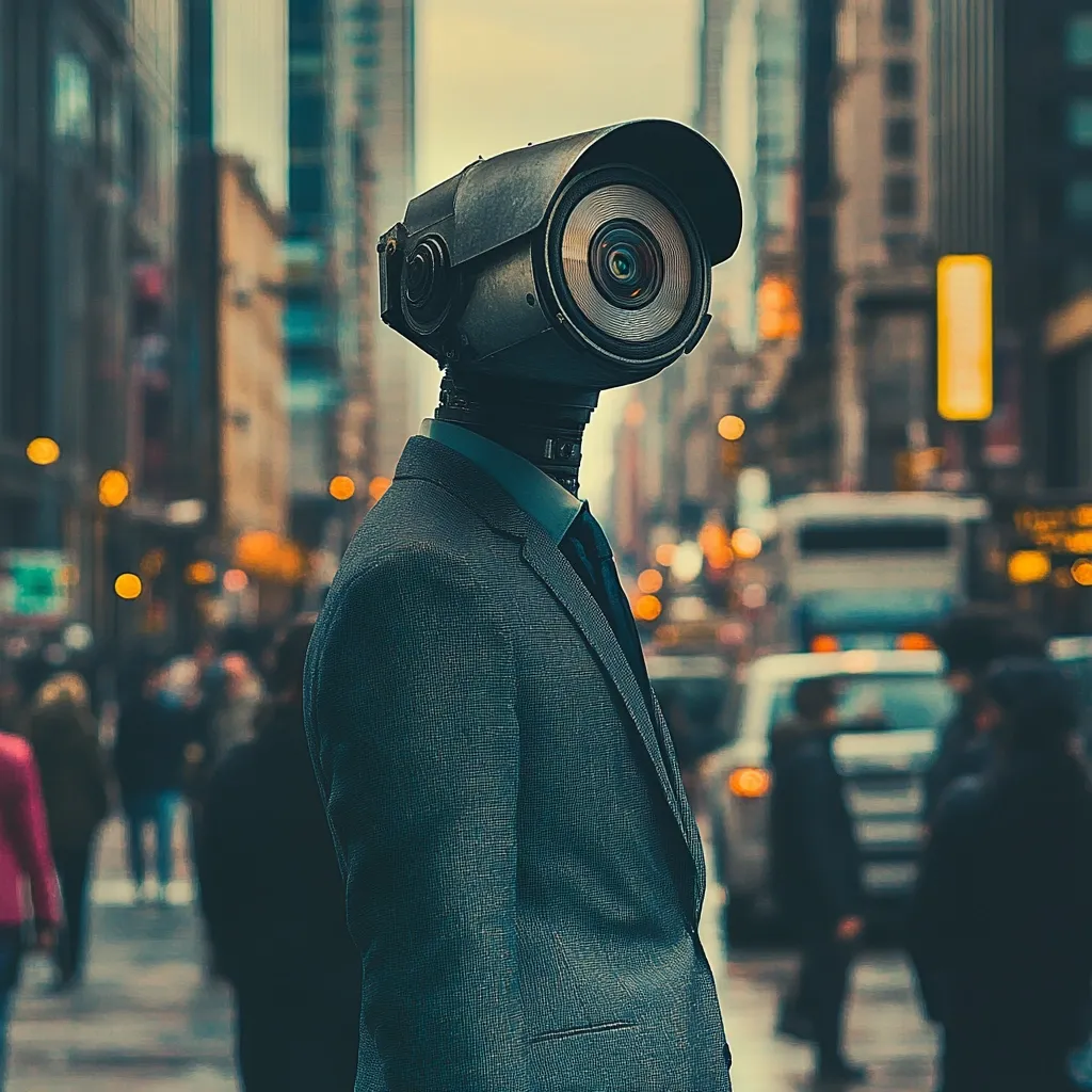 Here's a description of the image:

The image depicts a humanoid figure, its head replaced by a large, dark surveillance camera, standing amidst a blurred cityscape.  The figure is dressed in a dark gray business suit, giving it an unsettlingly human-like yet robotic appearance. The background is a bustling city street, with pedestrians and vehicles out of focus, emphasizing the camera figure as the focal point.  The overall mood is one of dystopian surveillance and the potential for impersonal technological oversight in modern urban life. The image's color palette is muted and somewhat melancholic, enhancing the feeling of unease.