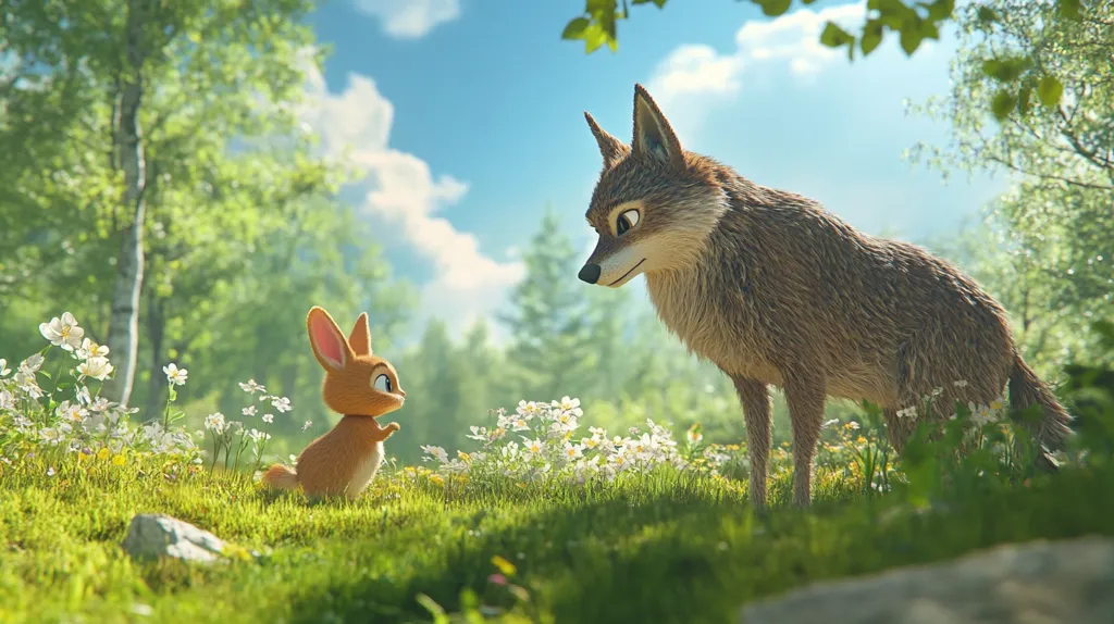 A 3D-rendered image depicts a gentle encounter between a small, orange bunny and a large, brown wolf.  They stand facing each other in a sun-dappled forest clearing, surrounded by lush green grass and delicate white flowers. The scene is peaceful and evokes a sense of quiet companionship, contrasting the typical predator-prey relationship. The lighting is soft and natural, enhancing the idyllic ambiance.  The detail in the fur of both animals is remarkable.