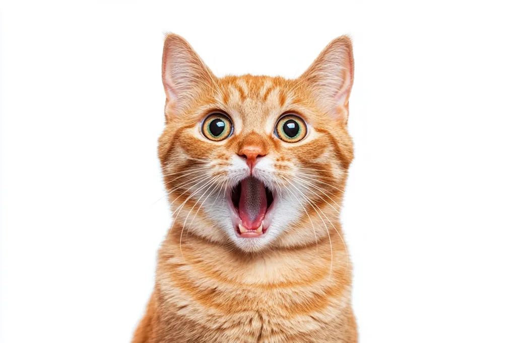 Here's a description of the image:

Close-up view of an orange tabby cat with its mouth wide open in a surprised or shocked expression. Its eyes are wide and round, enhancing the surprised look. The cat's fur is short and appears soft. The background is plain white, making the cat the clear focus of the image. The overall impression is one of playful surprise or astonishment.