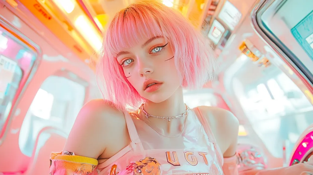 A young woman with vibrant pink, short bobbed hair sits in a brightly lit, pastel-colored vehicle. She gazes directly at the camera, her pale skin accentuated by striking light-colored contacts and subtle face markings.  She wears a light pink, sleeveless top with a graphic design, and delicate necklaces. The overall aesthetic is futuristic and dreamy, with the setting contributing to a surreal and stylish atmosphere.
