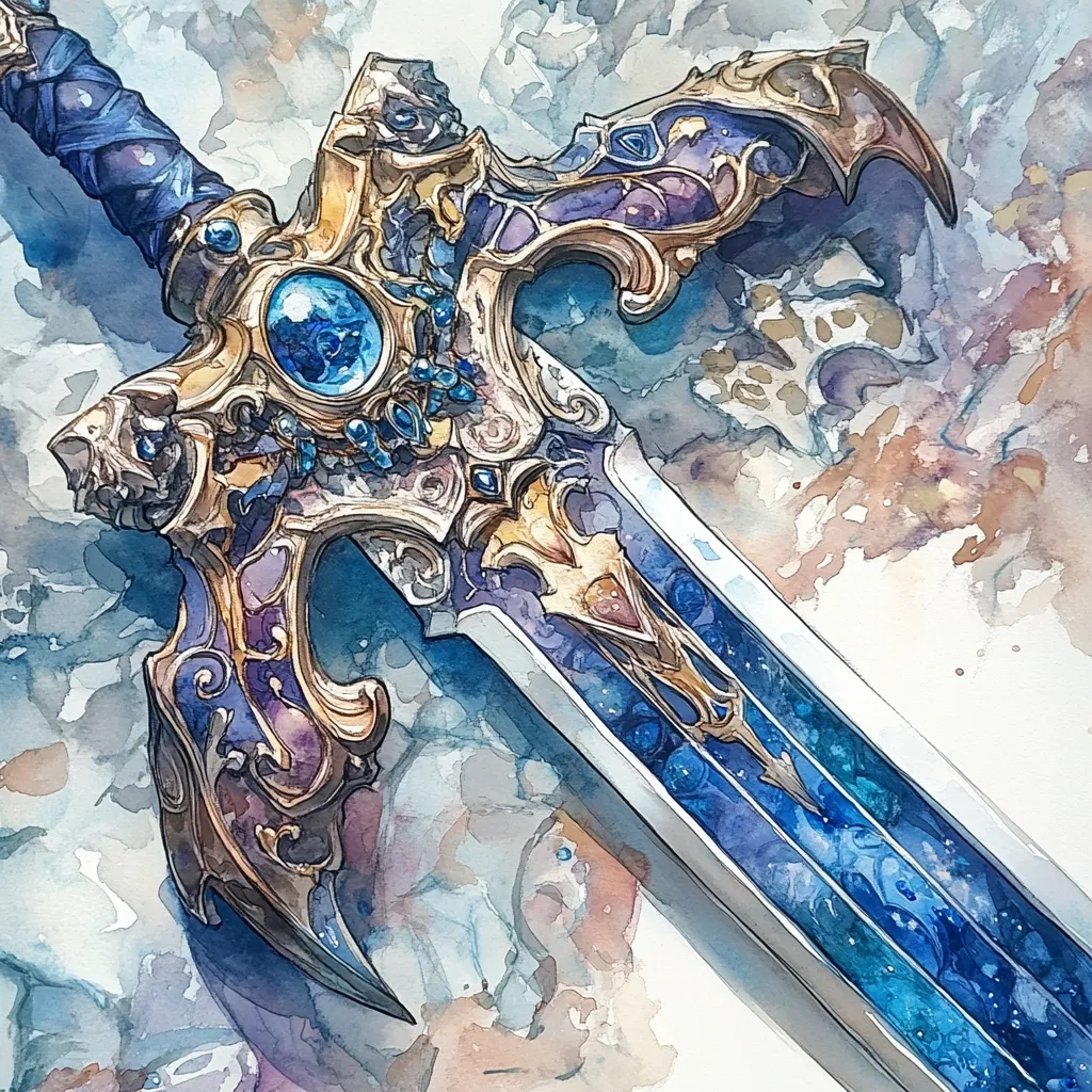 A watercolor painting depicts an ornate sword lying on a textured, light-grey background.  The sword's blade is a striking blue-purple, speckled with gold, while the hilt is intricately detailed with gold and purple accents.  Large, deep blue gems adorn the hilt's center, adding to its regal and fantastical appearance.  The style is reminiscent of fantasy art, emphasizing the sword's majestic and powerful design. The watercolors create a soft, ethereal effect.