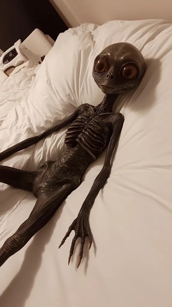 Here's a description of the image:

The photograph shows a dark-gray, humanoid figure, resembling an alien, lying on a white bed.  Its skin appears leathery and textured, and its large, round eyes and clawed hands are prominent features.  The figure's ribcage is visible through its thin torso.  The background shows a portion of a white bed and a blurred object, possibly a piece of medical equipment, in the far left corner. The overall impression is one of unease and strangeness.