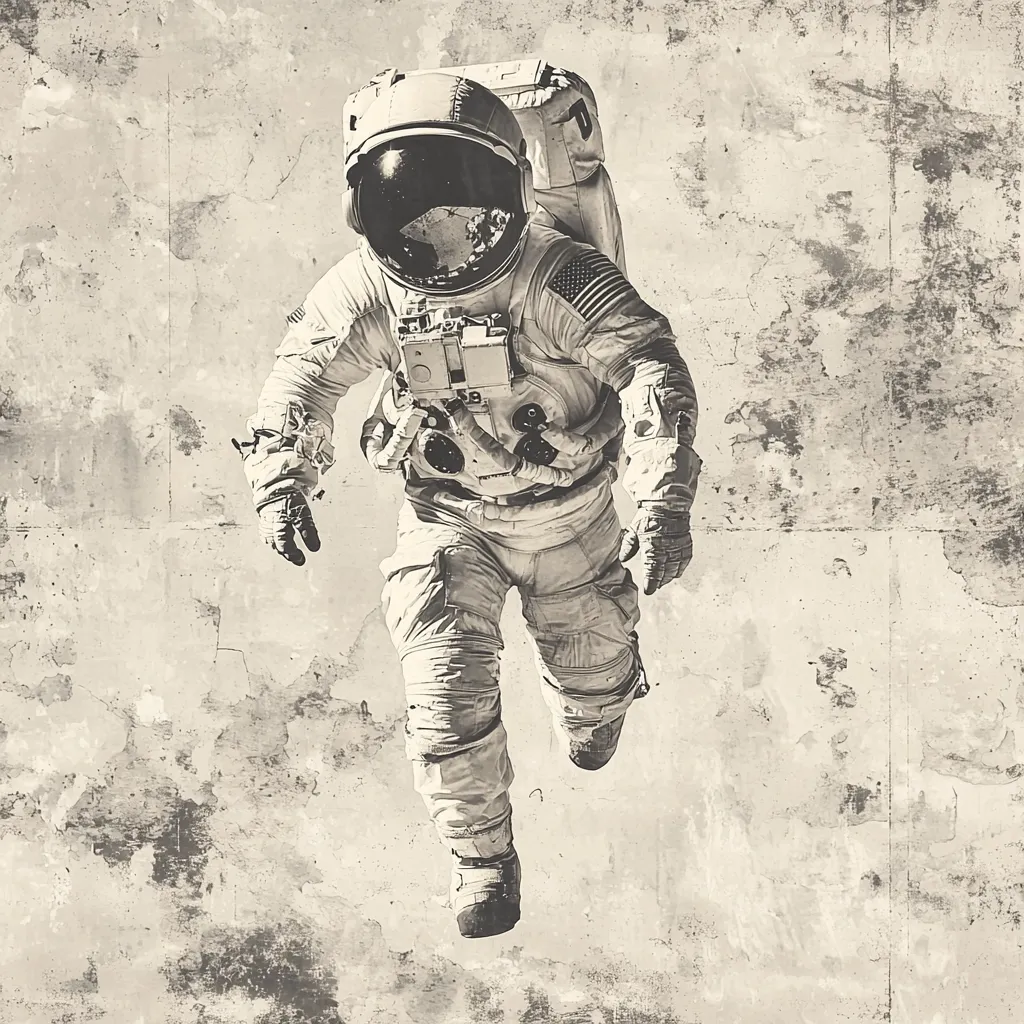 Here's a description of the image:

The image is a stylized, sepia-toned depiction of an astronaut in mid-stride against a textured backdrop resembling aged concrete or plaster. The astronaut, wearing a bulky spacesuit complete with a helmet and backpack, appears to be floating or moving swiftly.  The American flag is visible on the astronaut's shoulder. The gritty texture of the background contrasts with the smoother, detailed spacesuit, creating a sense of depth and movement. The overall aesthetic is reminiscent of vintage science fiction artwork or a gritty, realistic portrayal of space travel.