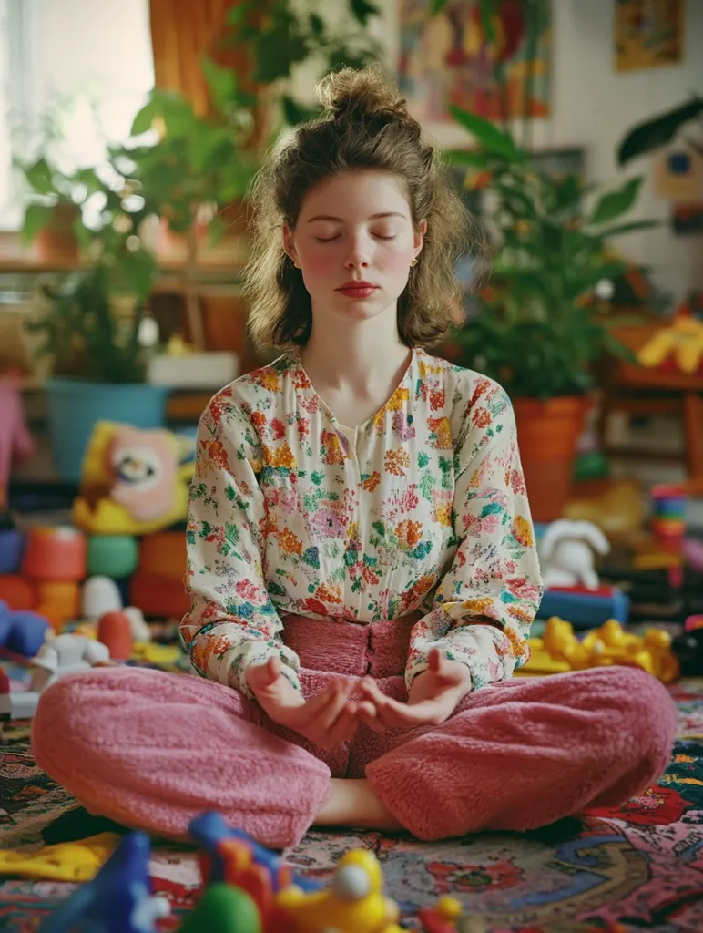 A young woman with her eyes closed sits cross-legged on a colorful rug amidst a room filled with toys and plants.  She's wearing a floral blouse and fluffy pink pants, her hands resting in her lap in a meditative pose.  The overall scene is peaceful and slightly whimsical, suggesting a moment of calm amidst a busy, child-filled environment. The soft lighting and warm colors contribute to the serene atmosphere.