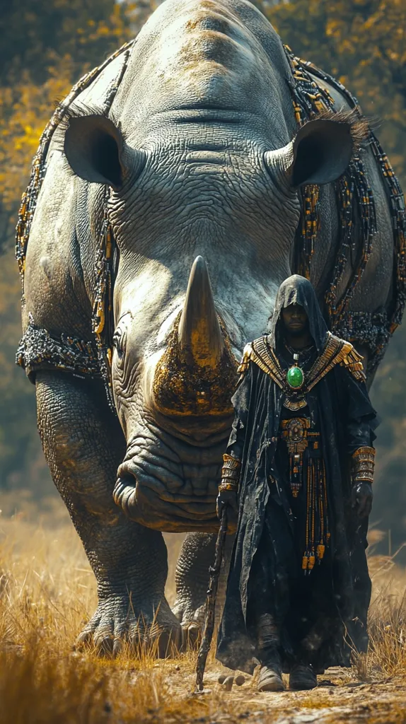 A majestic, ornate white rhinoceros, adorned with golden and dark beaded necklaces, walks through a dry, grassy landscape.  Beside it, a cloaked figure, dressed in dark robes with gold accents and a large jade pendant, walks with a staff. The figure's face is partially obscured by the hood, adding to the mystical atmosphere of the scene. The overall image evokes a sense of ancient power and mythology.