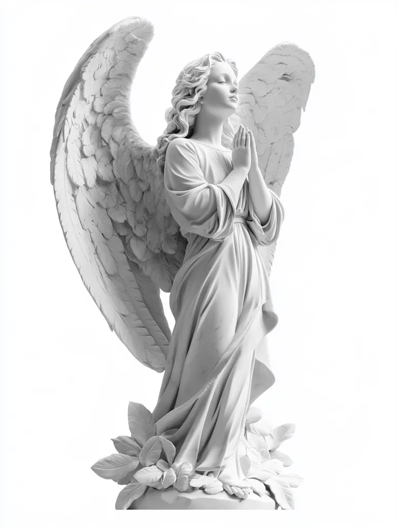 Here is a description of the image:

The image shows a white marble statue of an angel. The angel is depicted in a prayerful pose, with hands clasped together in front of its chest.  It has long, flowing robes and large, intricately detailed wings that extend behind it. The angel's face is serene and peaceful. The statue rests on a base adorned with sculpted leaves.  The overall style is classical, suggesting a religious or memorial context. The background is pure white, isolating the statue and enhancing its ethereal quality.