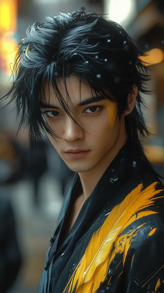 Here's a description of the image:

Close-up portrait of a young man with dark, slightly wet-looking hair styled in a somewhat tousled manner. He has striking features, including dark eyes and a strong jawline.  His expression is serious and intense. He's wearing a dark, possibly black, jacket or shirt adorned with a large, vibrant yellow feather-like design that seems painted or printed onto the fabric.  The background is blurred, suggesting an urban setting, and there's a subtle hint of what could be rain or snow. The overall style is moody and artistic.