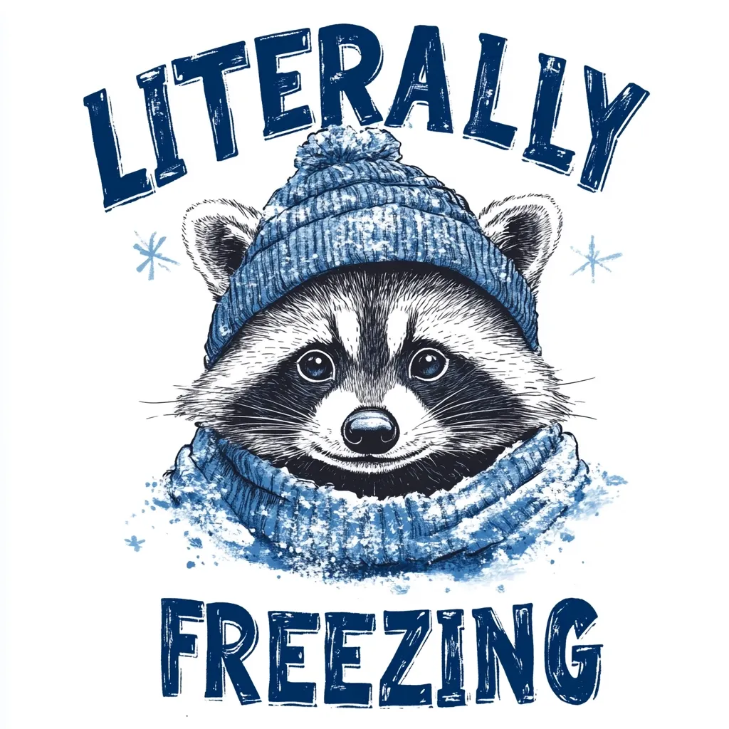 Here's a description of the image:

The illustration features a charming raccoon's face, bundled up against the cold.  It wears a blue knit beanie with a pom-pom and a matching scarf, both dusted with simulated snowflakes. The raccoon's expression is sweet and slightly amused.  The words "LITERALLY FREEZING" are prominently displayed above and below the raccoon, in a bold, textured blue font that complements the winter theme.  The style is a blend of hand-drawn sketch and digital art, with a slightly whimsical and humorous tone. The background is white, allowing the raccoon and text to stand out.