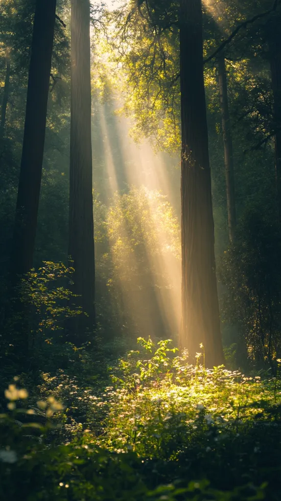 Golden sunbeams pierce a dense, verdant forest, illuminating a carpet of wildflowers and low-lying vegetation. Tall, dark tree trunks stand sentinel, their shadows contrasting with the bright shafts of light.  The atmosphere is serene and mystical, a scene of tranquil beauty within a sun-dappled woodland.  The air seems thick with moisture, enhancing the ethereal quality of the light.