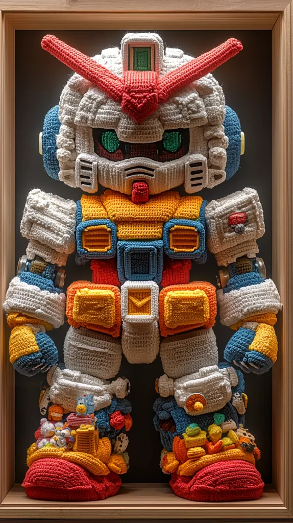 Here's a description of the image:

A meticulously crafted amigurumi rendition of a Gundam robot is showcased within a wooden frame.  The robot, predominantly white, features accents of orange, yellow, and blue in a crocheted style.  Its feet are laden with an assortment of smaller crocheted toys and trinkets, adding a playful and whimsical touch.  The overall effect is a charming blend of intricate craftsmanship and pop culture iconography, presented in a manner suggesting a collector's item or artistic display. The dark background emphasizes the vibrant colors of the knitted figure.