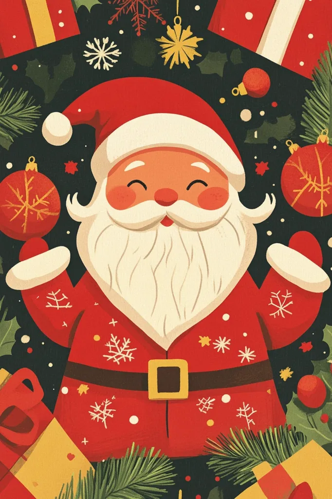 A cheerful Santa Claus is depicted in a vibrant illustration, surrounded by festive elements. He's dressed in a red suit adorned with snowflakes, holding red ornaments.  The background features presents, holly, pine branches, and other Christmas decorations in a dark green and red color scheme. The style is stylized and slightly retro, with a playful and joyful atmosphere. Santa's expression is kind and welcoming.