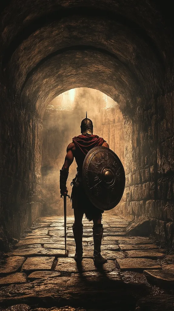 A lone warrior, clad in ancient armor, stands at the end of a dimly lit stone tunnel.  His back is to the viewer, showcasing a muscular physique and a large, ornate shield. He carries a sword, its point resting on the ground.  The tunnel's rough-hewn walls and cobblestone floor suggest an ancient, possibly forgotten, setting.  A hazy light emanates from the tunnel's exit, creating an atmosphere of mystery and anticipation. The overall mood is one of solitary strength and impending action.