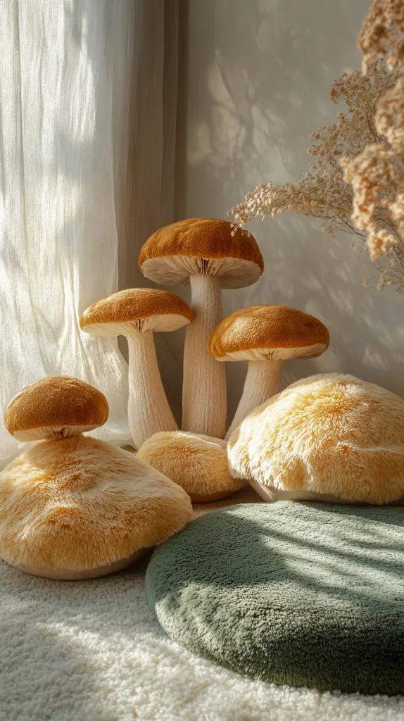 A collection of plush, mushroom-shaped floor cushions sits near a sheer curtain.  The largest mushrooms are a golden brown with off-white stems, while smaller ones and additional round cushions are a lighter, fluffy tan and a muted olive green.  The scene is bathed in soft, natural light, creating shadows against a neutral backdrop, accented by dried beige flowers. The overall aesthetic is cozy and whimsical.