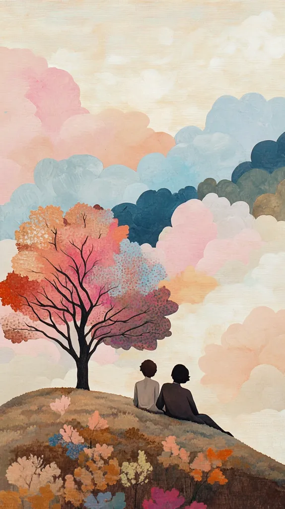 The painting depicts a serene landscape under a pastel sky filled with fluffy clouds in shades of pink, blue, and gray. A stylized tree with multicolored foliage, predominantly pink and orange, stands on a gently sloping hill. Two silhouetted figures sit on the hill, their backs to the viewer, gazing at the dreamy vista. The hill is covered in small, muted-colored flowers, complementing the overall soft and peaceful atmosphere. The style is illustrative and dreamlike, evoking a sense of calm contemplation.