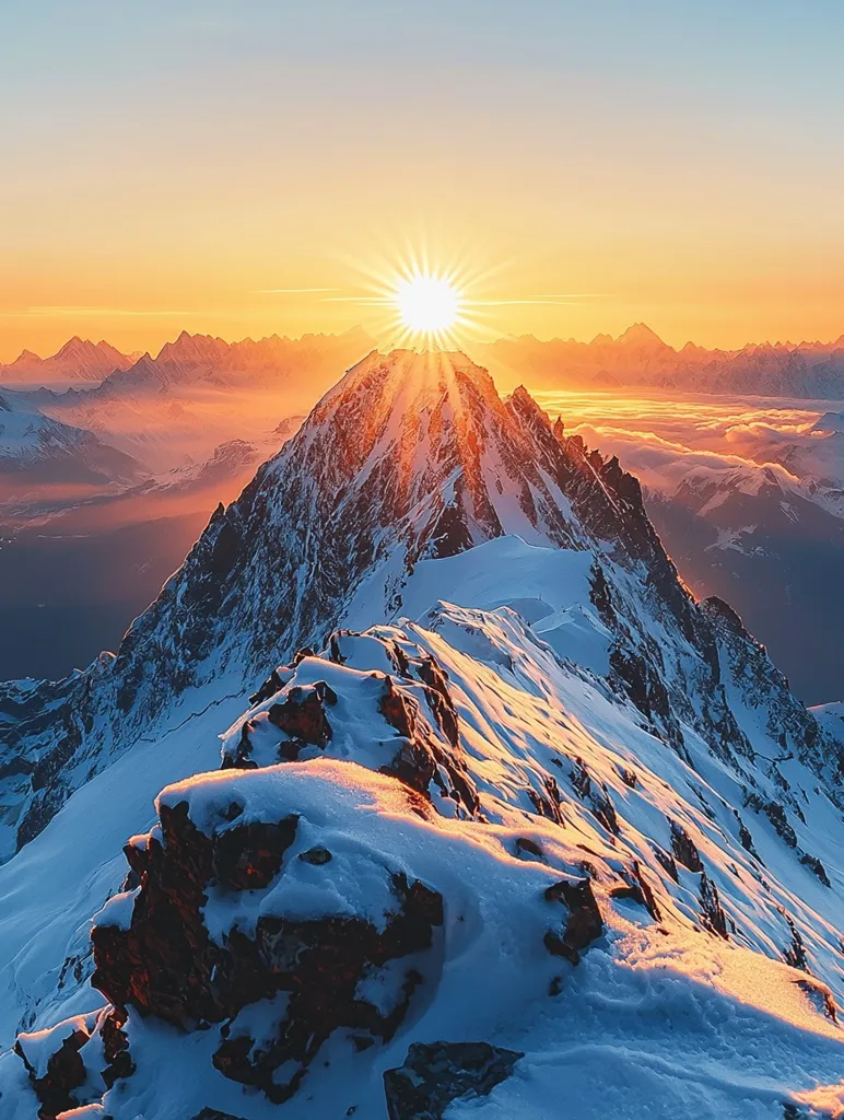 A breathtaking sunrise illuminates a snow-capped mountain peak.  Golden sunlight streams from behind the summit, casting long shadows and highlighting the rugged texture of the rocks partially covered in fresh snow.  A vast expanse of snow-covered mountains stretches out in the background, bathed in the warm hues of the dawn. The scene evokes a feeling of serene, majestic beauty and the awe-inspiring power of nature.