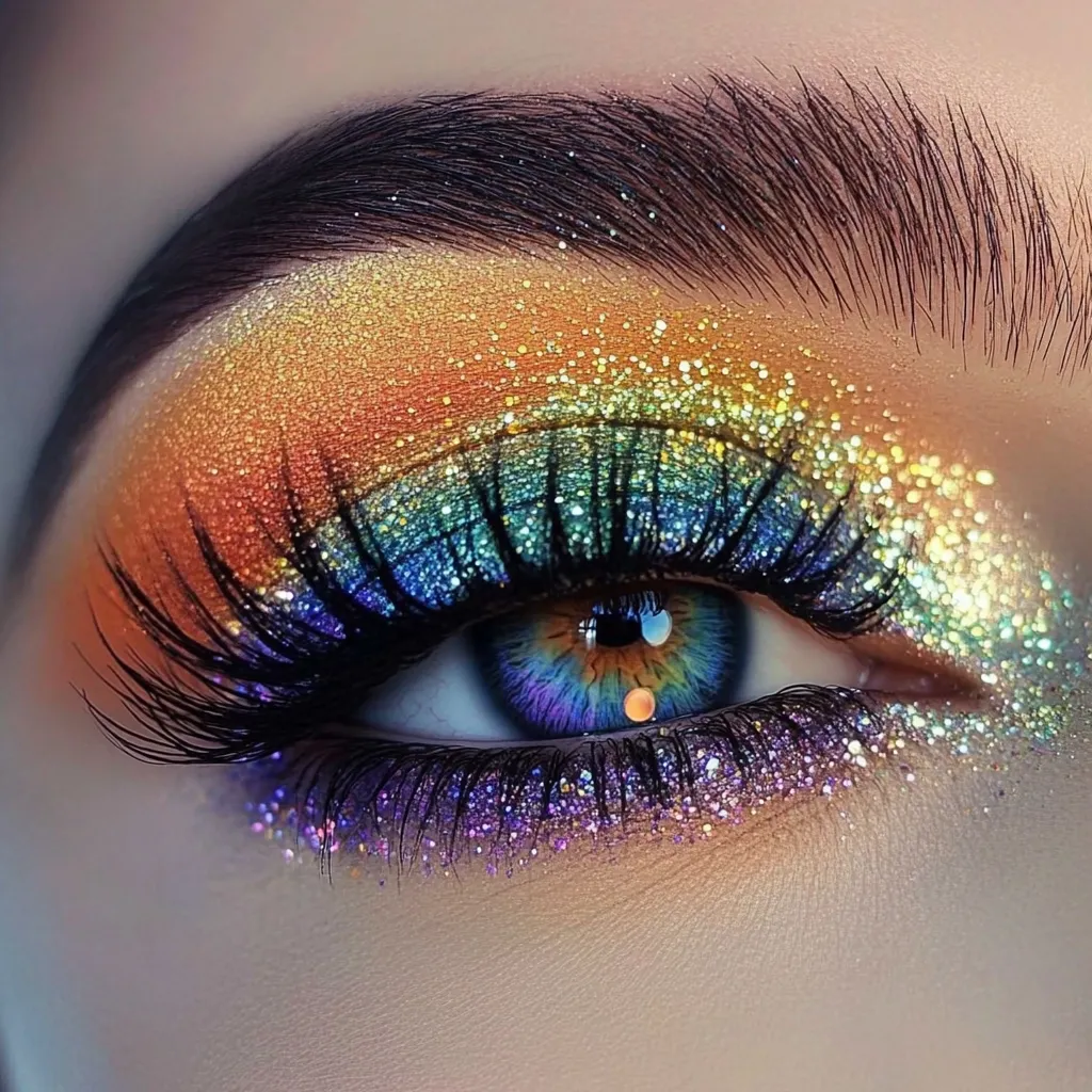 Here's a description of the image:

Close-up view of a beautifully made-up eye. The eyeshadow is a vibrant rainbow gradient, starting with warm oranges and yellows at the crease, transitioning to blues and greens, and finally ending in purples near the lower lash line.  Each color is heavily laden with glitter, creating a sparkling effect.  The eyelashes are long and full, and the eye itself is a striking blue with flecks of other colors, creating depth.  The eyebrow is meticulously groomed and dark, providing a strong contrast to the bright eyeshadow. The overall effect is one of dramatic, colorful glamour.
