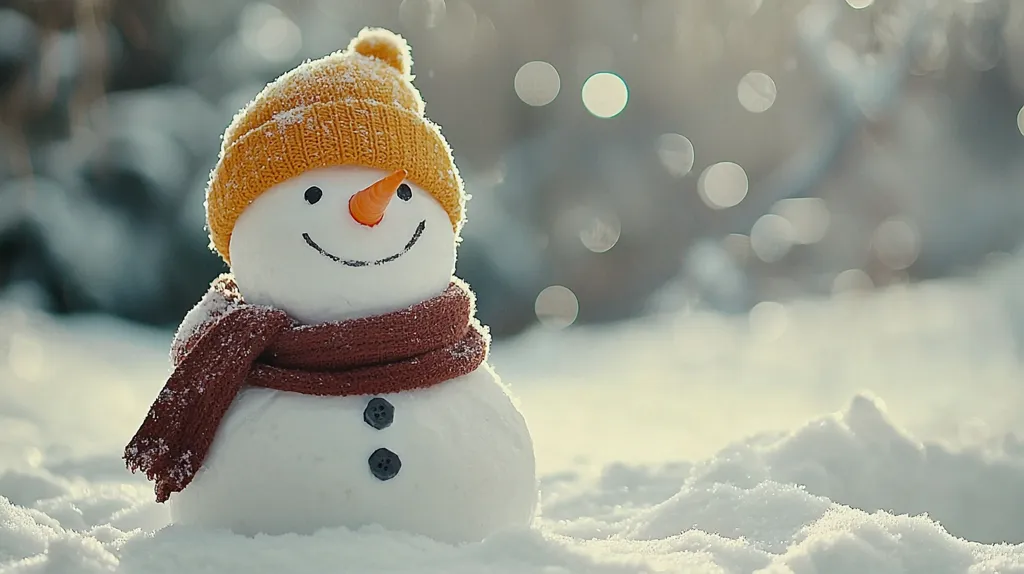 A charming snowman, adorned with a jaunty yellow knitted hat and a maroon scarf, sits nestled in a pristine snowdrift.  The background is softly blurred, showcasing a winter wonderland of trees and shimmering bokeh lights. The snowman's cheerful, hand-drawn features radiate warmth and charm against the cold, snowy landscape. A gentle sunlight adds a touch of magic to this idyllic winter scene.
