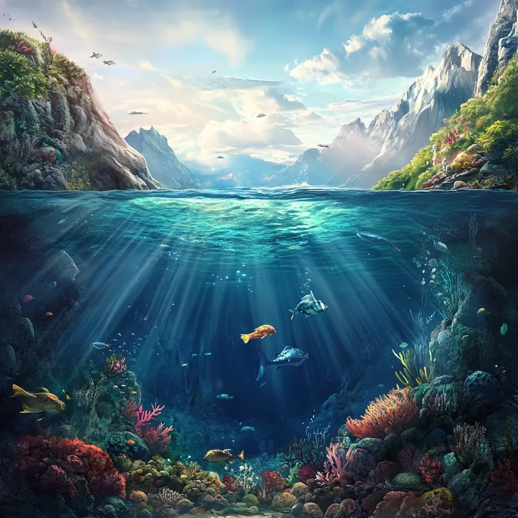 Here's a description of the image:

The image is a breathtaking digital painting depicting a serene underwater scene contrasted with a majestic mountain landscape. The waterline divides the image, showing a vibrant coral reef teeming with colorful fish beneath, while above, snow-capped mountains rise from lush green shores under a bright, partly cloudy sky. Sunbeams penetrate the water, illuminating the underwater world with a mystical glow. The overall impression is one of idyllic harmony between the aquatic and terrestrial environments.