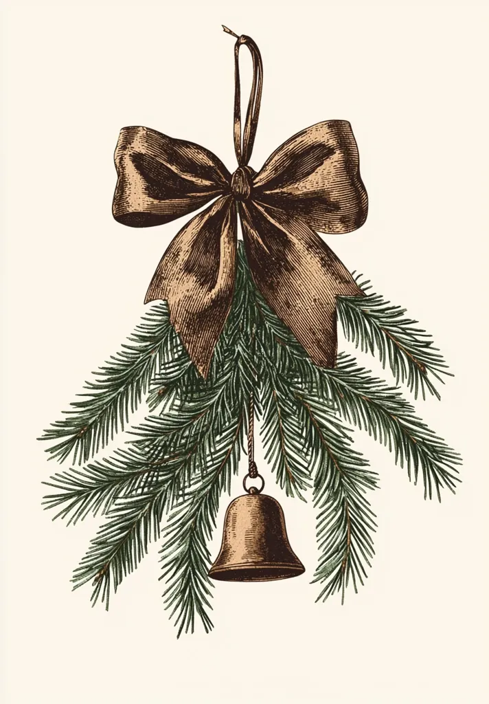 Here's a description of the image:

The image is a vintage-style illustration of a Christmas decoration. A sprig of evergreen is adorned with a large, brown satin bow and a small, brass bell hanging from a twine string. The style is reminiscent of antique Christmas cards or engravings, with detailed shading and linework giving it a rich, textured appearance. The colors are muted and earthy, with deep greens for the evergreen and a warm brown for the bow and bell.  The overall effect is elegant and nostalgic.
