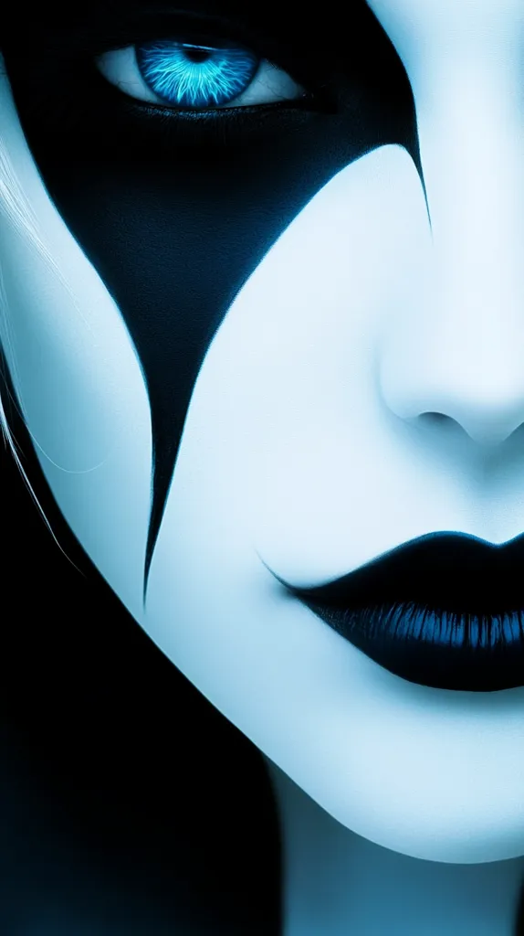 Close-up view of a woman's face, partially obscured by dramatic black makeup. The makeup features sharp, angular lines extending from the eyes downward, creating a striking, almost mask-like effect.  Her eye, a vibrant electric blue, contrasts sharply with the dark makeup and pale skin. The lips are painted a deep black, further enhancing the mysterious and intense mood. The overall aesthetic is cool-toned, with a predominantly blue and black color palette. The image evokes a sense of fantasy or gothic style.