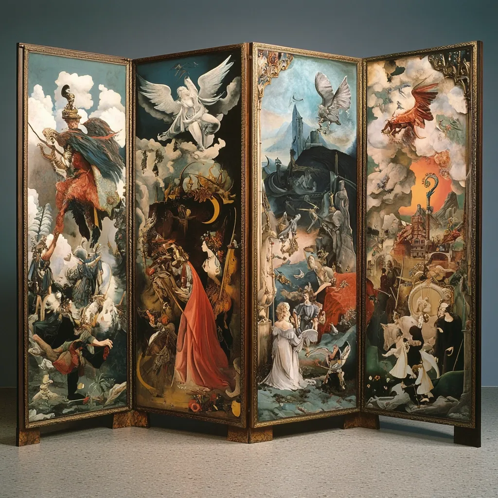 This image shows a four-panel screen, richly adorned with allegorical scenes painted in a vibrant, slightly surreal style.  Each panel depicts a multitude of figures engaged in various activities within fantastical landscapes, featuring mythical creatures, celestial beings, and elements of both medieval and classical imagery.  The overall effect is one of dreamlike complexity and narrative richness, suggesting a grand, perhaps epic, story unfolding across the screen's surface. The screen is housed in a gilded frame, adding to its ornate and impressive nature.