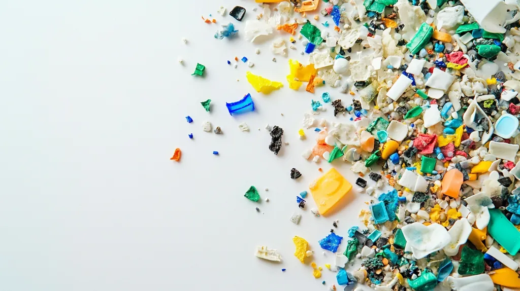 Here's a description of the image:

The photograph shows a collection of multicolored plastic debris scattered across a white background.  The plastic fragments range in size from tiny pellets to larger, recognizable pieces, exhibiting various shapes and colors.  The concentration of plastic is denser on the right, gradually thinning towards the left, creating a visually striking contrast against the clean white surface.  The image powerfully illustrates the problem of plastic pollution and its pervasive nature.