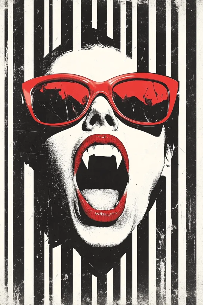 Here's a description of the image:

The artwork is a stylized portrait of a woman's face, presented in a bold graphic style.  She is depicted wearing bright red cat-eye sunglasses and has her mouth wide open, revealing sharp vampire fangs and red lipstick.  Her expression is fierce and dramatic. The background consists of stark black and white vertical stripes with a distressed, vintage texture. The contrast between the vibrant red of the sunglasses and lipstick against the monochrome background creates a striking visual effect. The overall style is reminiscent of pop art or a graphic novel.