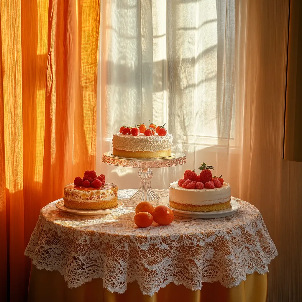 Three delectable cakes, adorned with fresh strawberries and raspberries, grace a lace-covered table.  Bathed in warm sunlight streaming through sheer curtains, the scene exudes a cozy, inviting atmosphere.  The cakes sit on elegant tiered cake stands, adding to the festive feel.  A few apricots rest on the table beside the sweet treats, completing the picture of a delightful afternoon. The overall color palette is warm and inviting, with orange curtains and golden light dominating.