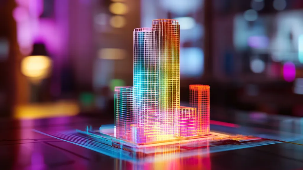 A vibrant, multicolored, wireframe model of a cityscape sits on a glowing, reflective surface.  The central skyscraper is the most prominent, radiating teal, orange, and pink light. Smaller buildings surround it, creating a miniature city scene.  The background is blurred, showcasing out-of-focus lights and suggesting a nighttime urban setting. The overall image evokes a feeling of futuristic technology and urban development.