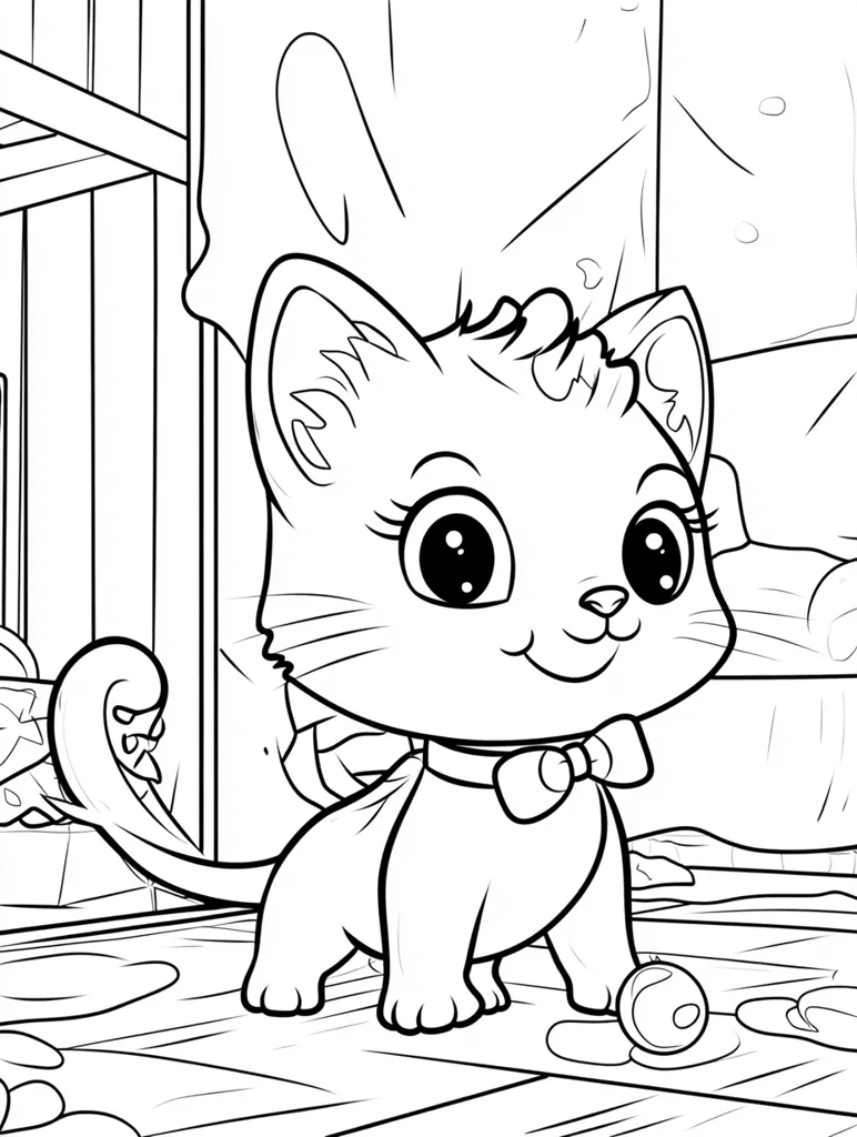 Here's a description of the image:

The coloring page features a cute, cartoon kitten with large, expressive eyes and a bow tie. Its tail curls playfully.  The kitten is positioned in an indoor setting, suggested by a partially visible wooden structure and a textured floor. A small, round object, possibly a ball, lies near the kitten's paws. The style is simple and child-friendly, ideal for coloring. The scene is rendered in black and white line art.