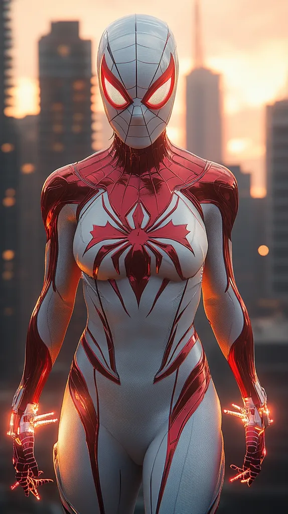 A female superhero, possibly a Spider-Woman variant, stands in a city at sunset.  Her suit is predominantly white with striking red accents forming a stylized spider emblem on her chest and along the contours of her form-fitting bodysuit. The suit appears technologically advanced, with glowing red energy emanating from her hands and wrists.  The background features a blurred cityscape, adding depth and emphasizing the figure's dominance in the foreground.  Her mask features glowing red eyes.