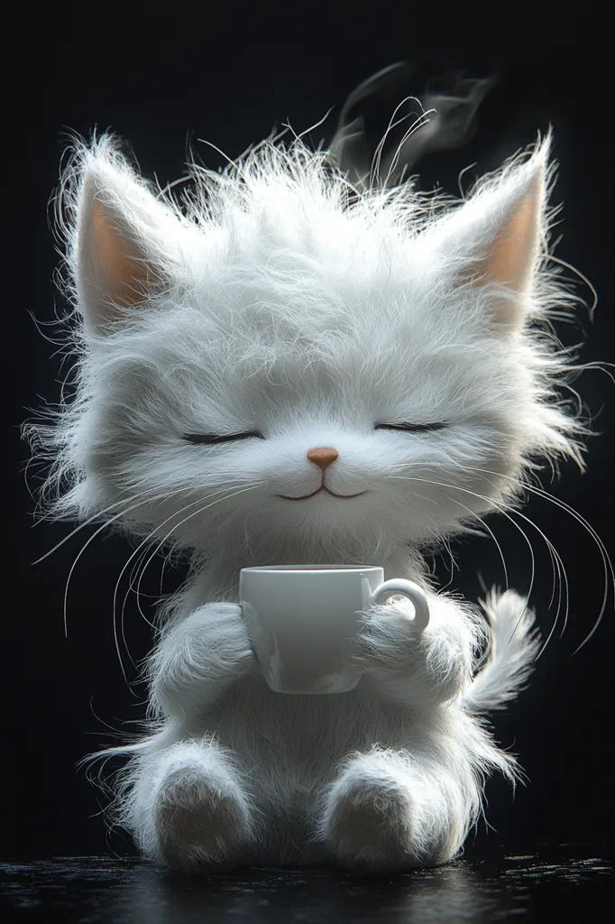 A digitally rendered image depicts a fluffy white kitten, its eyes closed in contentment.  The kitten's fur is exceptionally long and textured, giving it a soft, almost cloud-like appearance.  It sits serenely, cradling a small, white cup, from which a faint wisp of steam rises, suggesting a warm drink. The dark background emphasizes the kitten's bright white fur and creates a peaceful, calming mood.  The overall style is cute and whimsical.