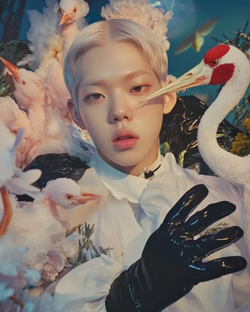 Here's a description of the image:

Close-up view of a young person with platinum blonde hair, styled neatly. They are wearing a white, ruffled collared shirt and black, glossy gloves.  The individual is surrounded by several pale pink birds, resembling cranes or herons, and a larger red-crested crane is positioned near their face, its beak almost touching their cheek.  The background is blurry but suggests a fantastical, dreamlike setting with muted blues and greens, and some floral elements.  The overall aesthetic is ethereal and artistic, suggestive of a fashion or music-related photoshoot.