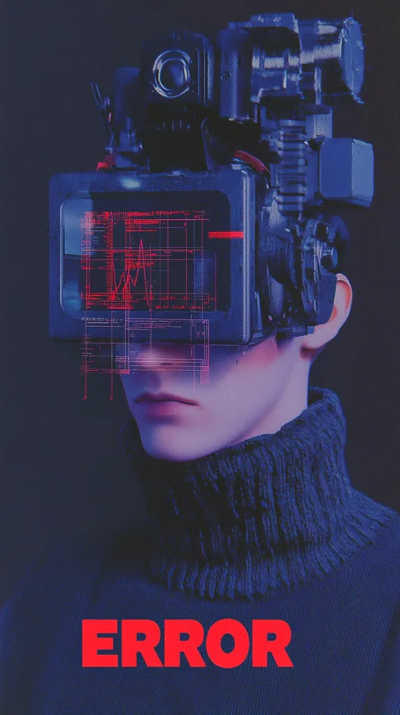 Here's a description of the image:

The image shows a person wearing a dark turtleneck and a bulky, futuristic headset.  The headset incorporates a screen displaying red graphical data and code, overlaid with grid lines.  The word "ERROR" is prominently displayed in red at the bottom of the image. The overall aesthetic is dark, cyberpunk, and suggestive of technological malfunction or a system failure. The person's expression is neutral and somewhat pensive, adding to the mysterious and slightly ominous mood.